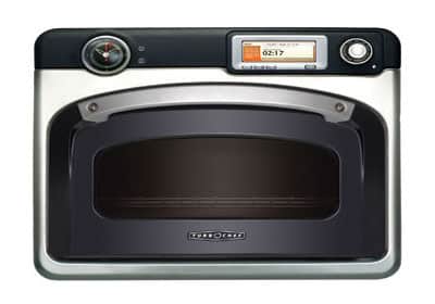 an electric oven with the door open on a white background