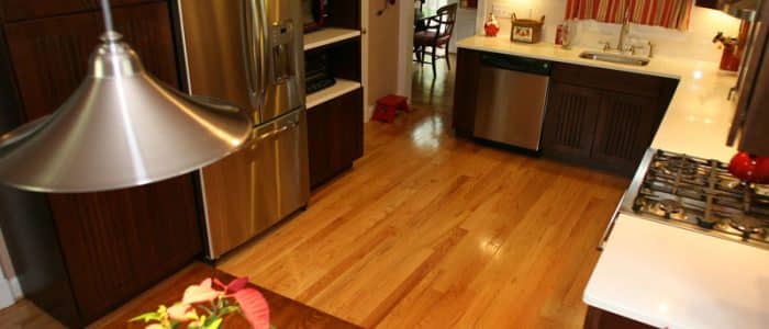 a kitchen with wood floors and stainless steel appliances