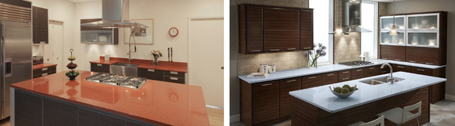 (Left) Red quartz countertops in a modern style kitchen. (Right) White quartz countertops in a mid-century style kitchen with wood-grain cabinets.