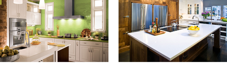 (Left) Modern style kitchen with green quartz countertops and green backsplash. (Right) White quartz countertop on large kitchen island.
