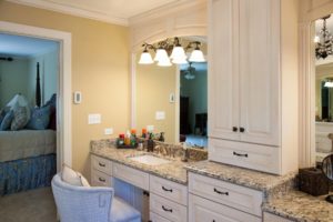 Vanity area in a traditional style master bathroom, with whtie cabinets and a granite countertop