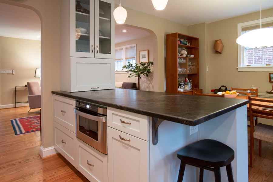 a kitchen with an island and two stools