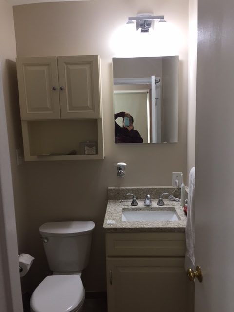 a bathroom with a toilet, sink and frameless mirror in Silver Spring